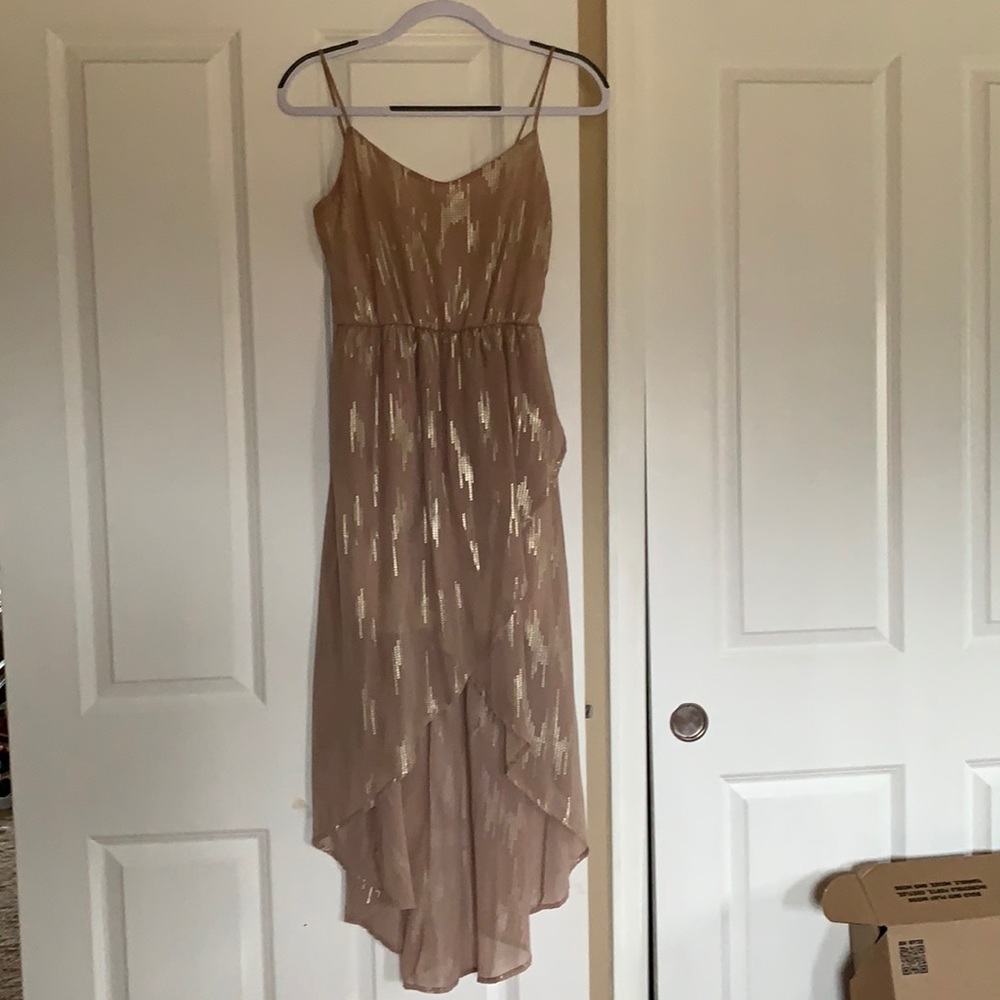 Audrey 3+1 high low dress. Tan and gold spaghetti strap.